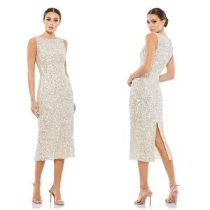 MAC DUGGAL Sleeveless Sequined Midi Sheath Dress In Silver Nude